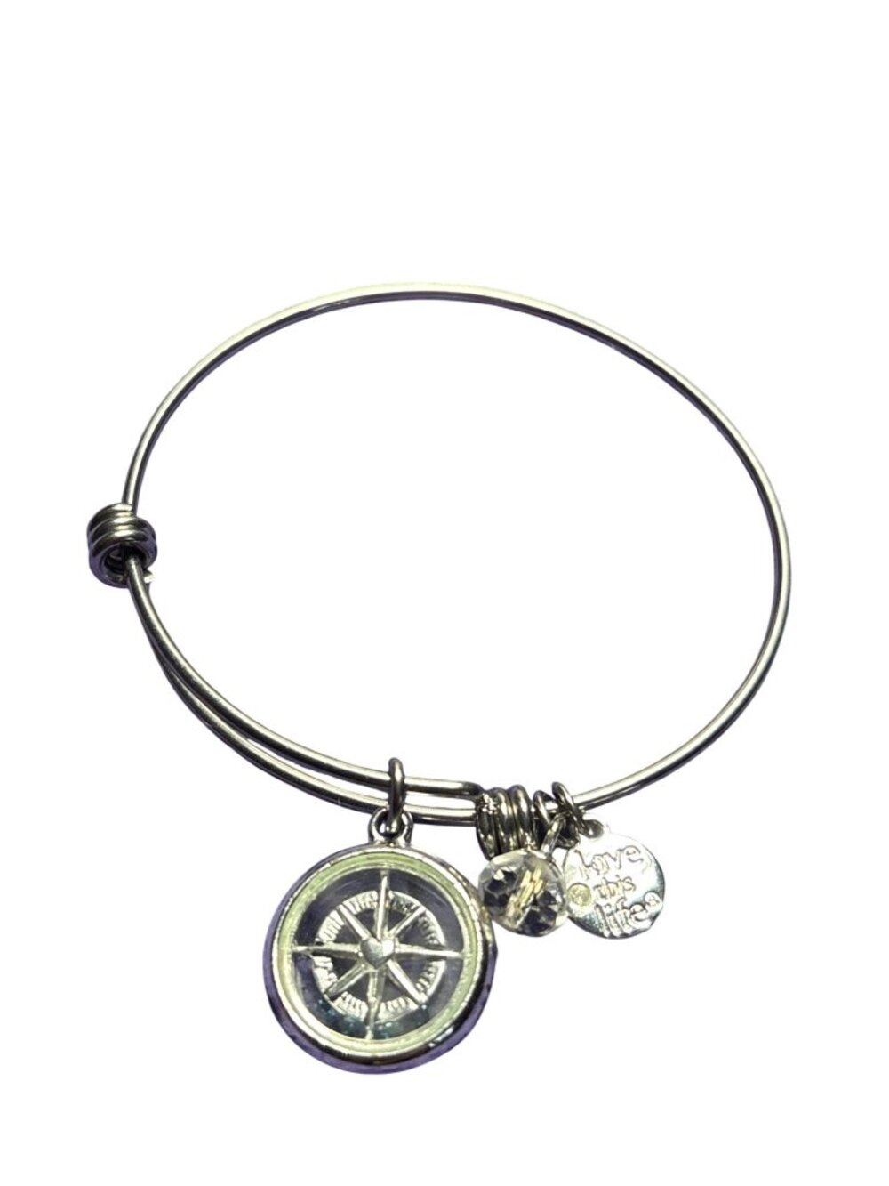 Love This Life Silvertone Charm Bangle Bracelet Compass Rose Heart